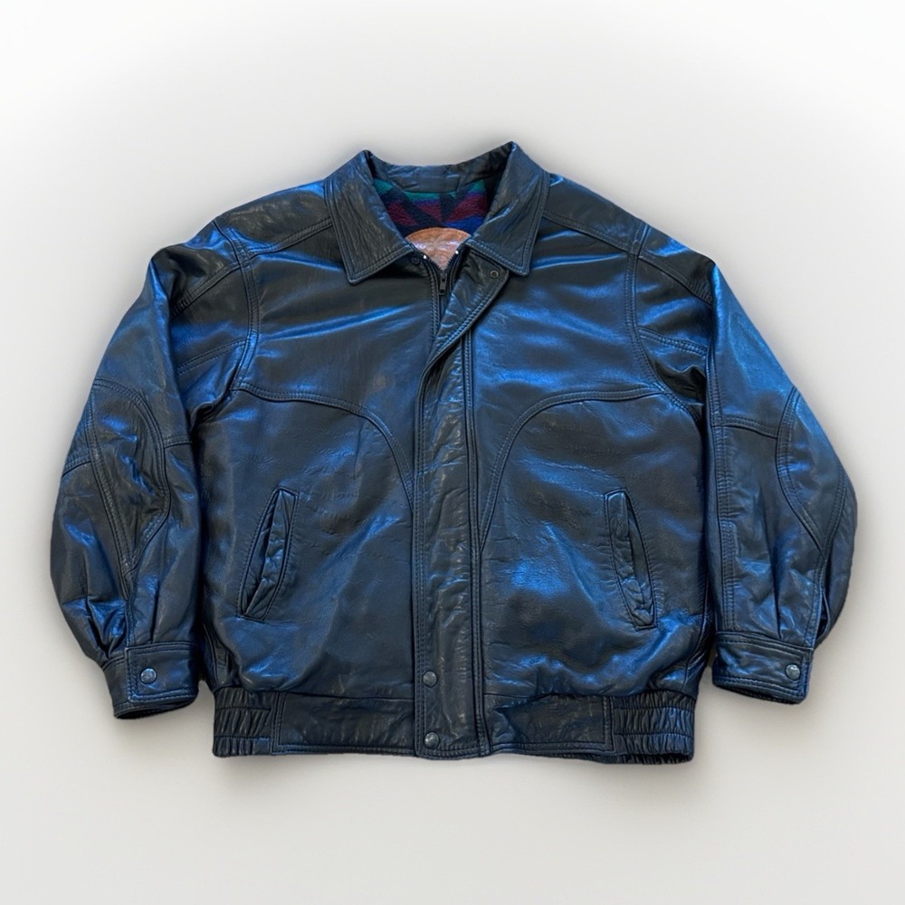 Vintage Arctic Beach Leather Jacket Black Leather Aztec Lined Mens XL Arrow 90s‎